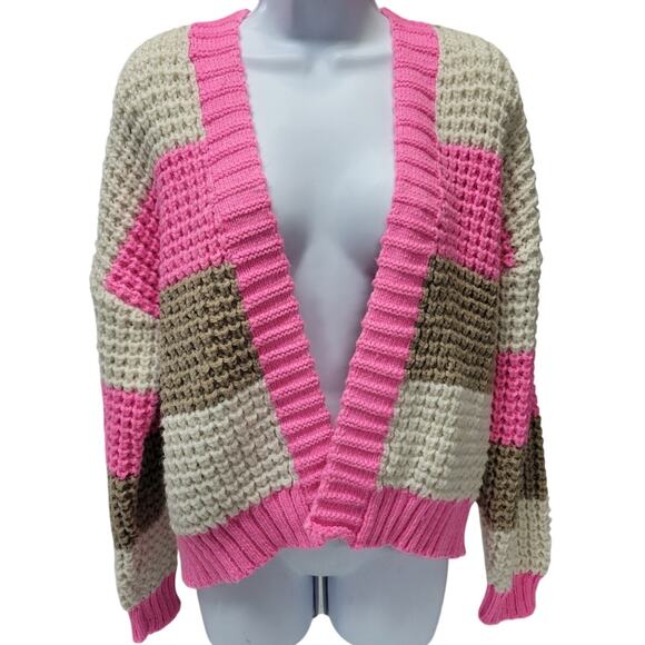 American Eagle Womens SZ S Striped Cardigan Sweater Pink chunky Oversized Knit - Picture 1 of 3